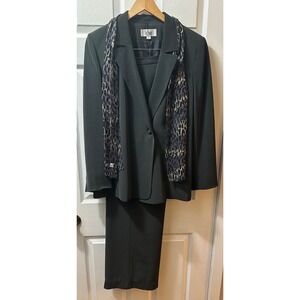 Le Suit Womens 3 Piece Pant Suit Set with Scarf Charcoal Gray Size 14